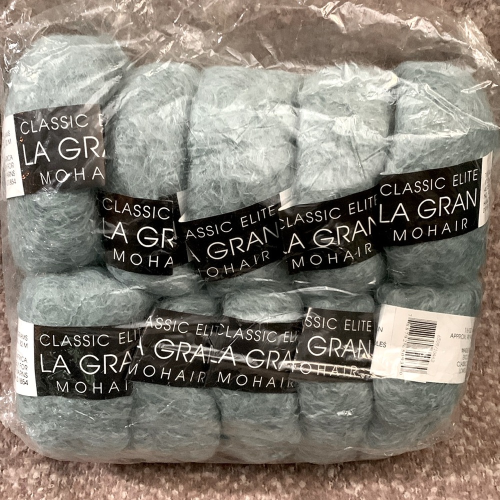 In package:10 skeins mohair/wool/nylon blend yarn in beautiful blue-green 90yd